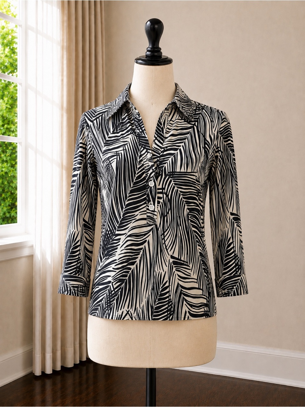 BCBGMaxAzria Black and White Palm-Print Button Front Blouse